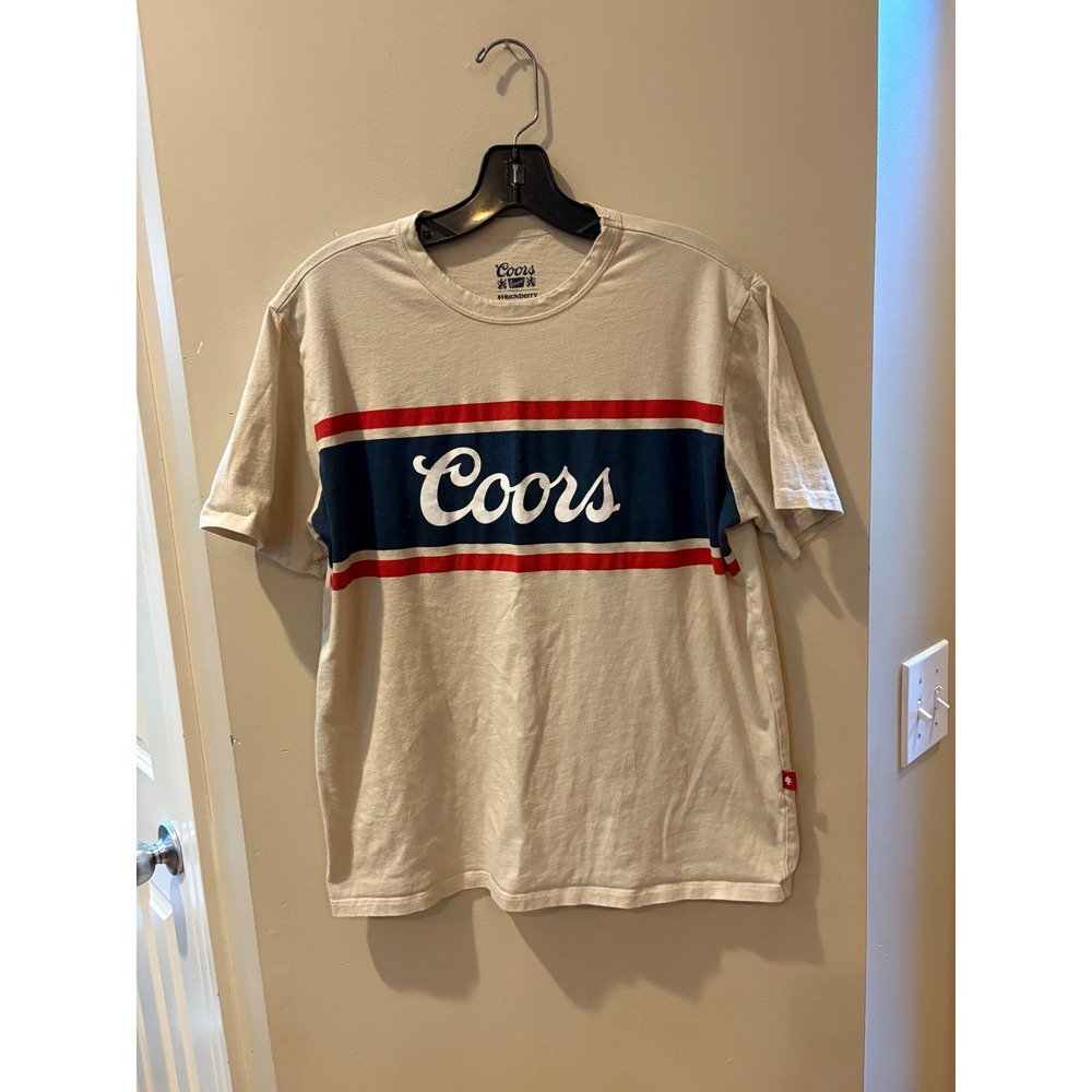 Huckberry Coors Banquet Cream Supima Cotton Striped Graphic T-Shirt Mens L USA